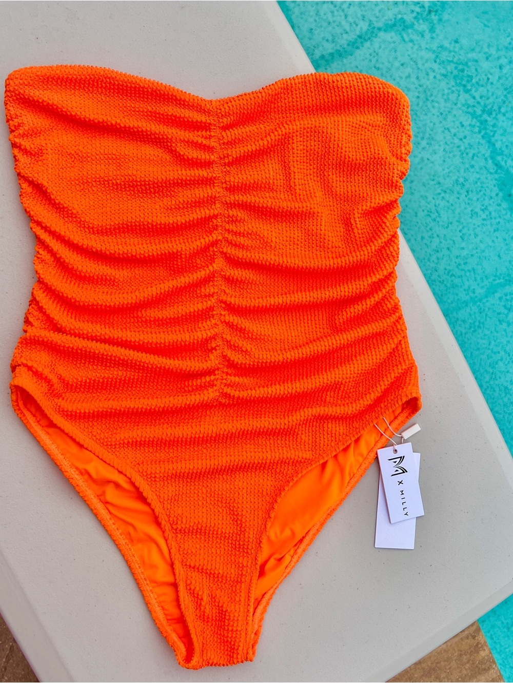 Milly Bandeau strapless Textured Ruched one piece swimsuit NEON ORANGE size L